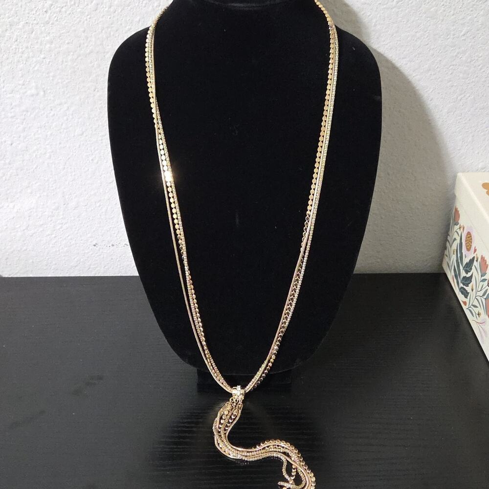 White House Black Market Gold Tone Long Tassel Necklace 33 Inch Statement